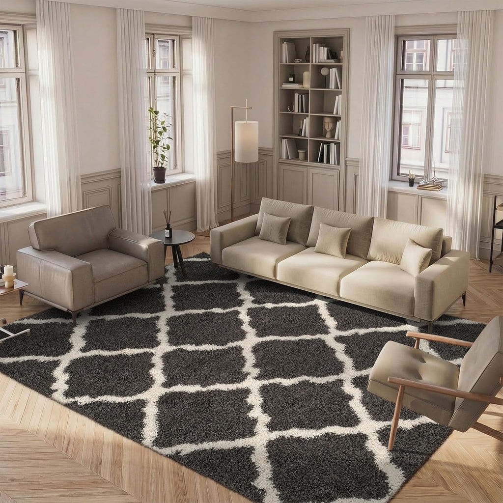 SAFAVIEH Dallas Shag Collection Area Rug - 6' x 9', Dark Grey & Ivory, Trellis Design, Non-Shedding & Easy Care, 1.5-inch Thick Ideal for High Traffic Areas in Living Room, Bedroom (SGD257A)