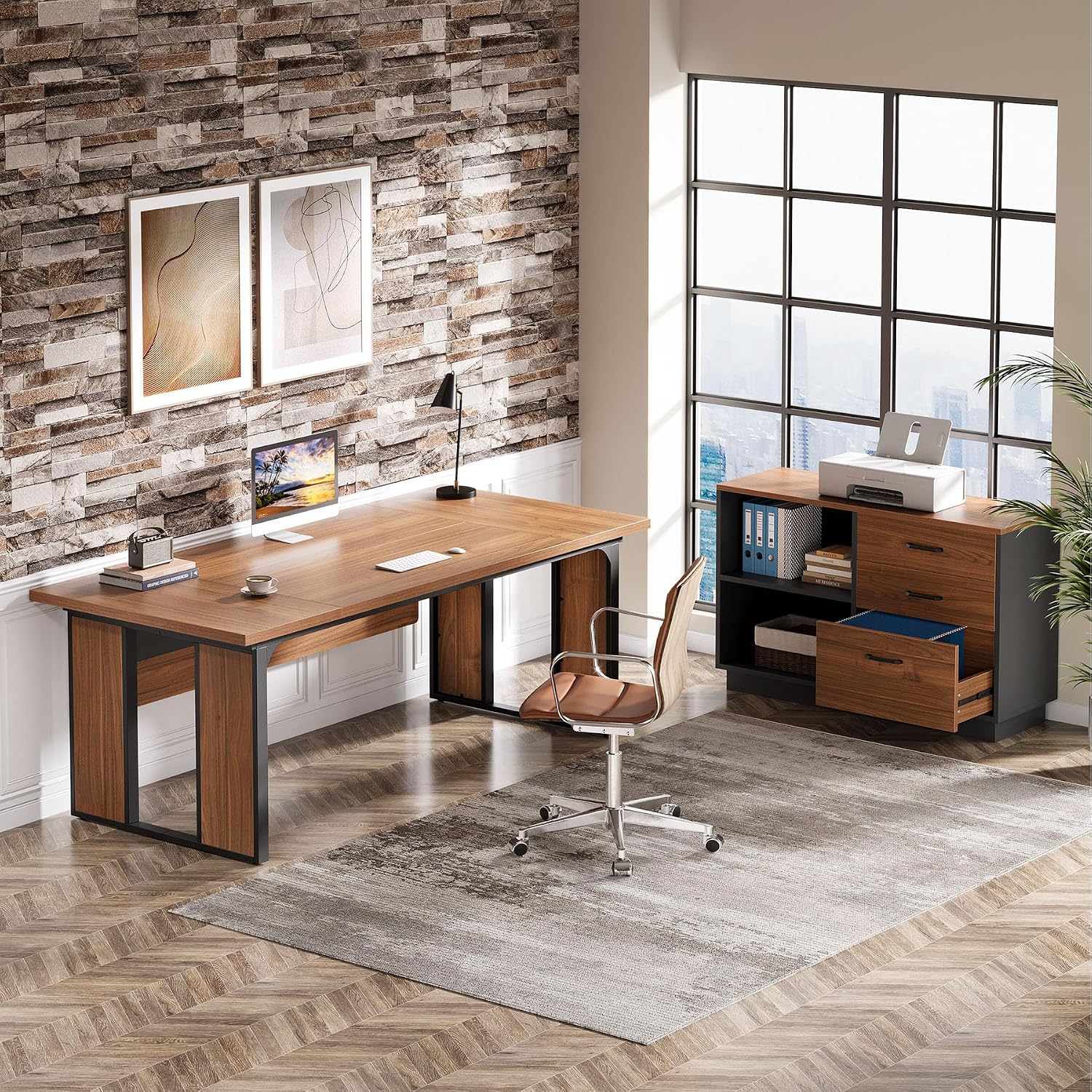 Tribesigns 63'' L-Shaped Executive Desk, Office Table with 39.37-Inch Drawers Cabinet, Large Computer Desk with Storage Shelves, Business Furniture Set for Home Office, Brown & Black