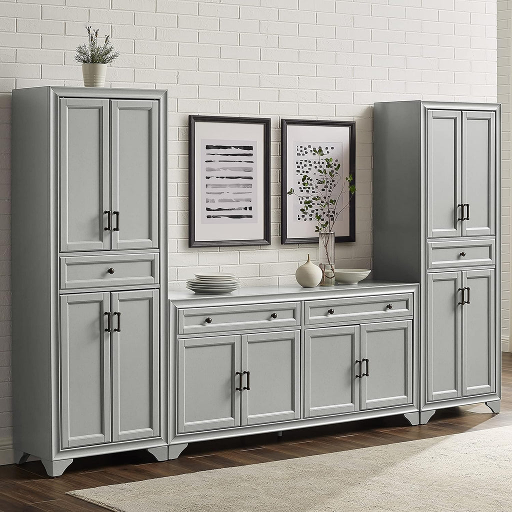Crosley Furniture Tara 3-Piece Modern Farmhouse Sideboard Buffet Cabinet and Kitchen Storage Pantry Set, Distressed Gray