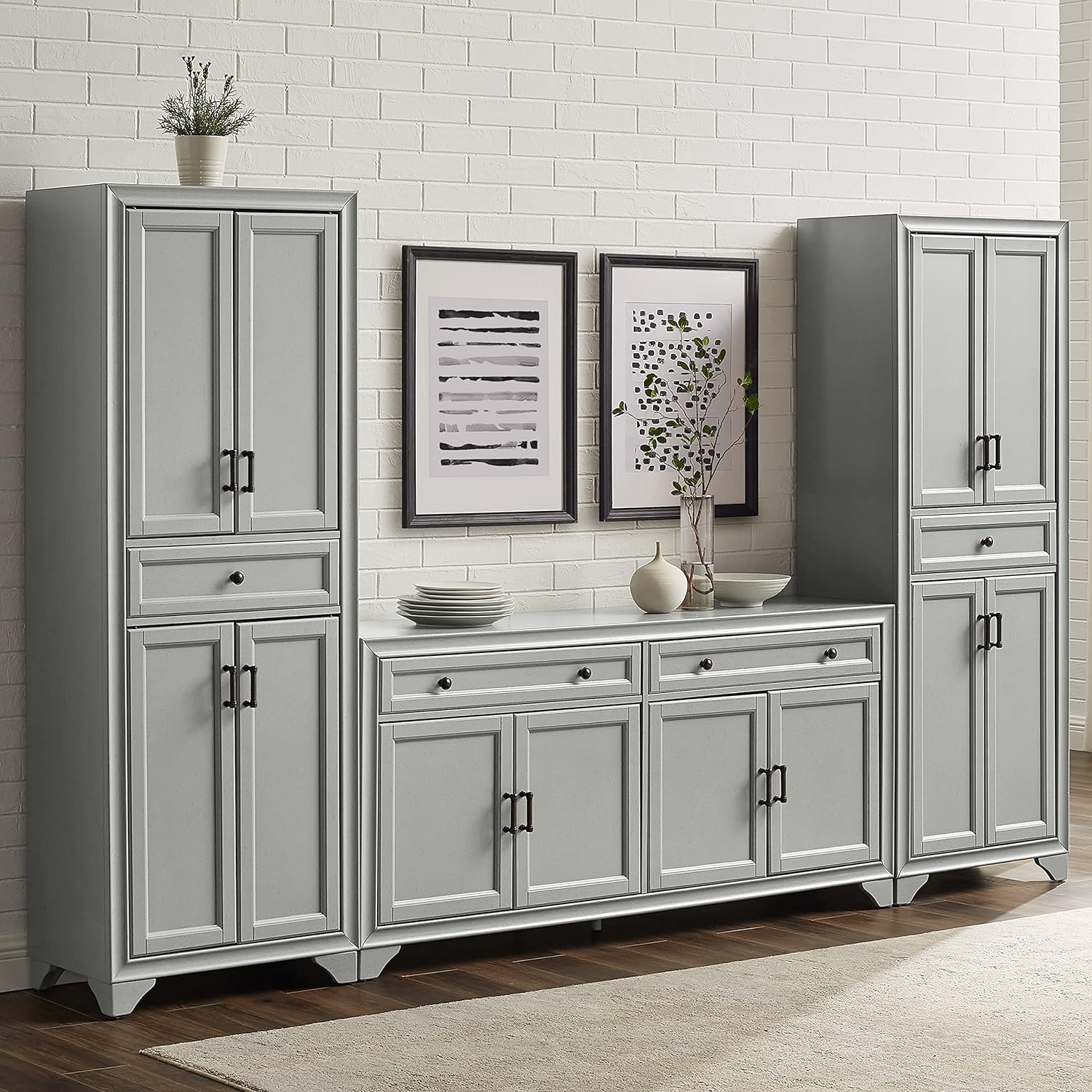 Crosley Furniture Tara 3-Piece Modern Farmhouse Sideboard Buffet Cabinet and Kitchen Storage Pantry Set, Distressed Gray