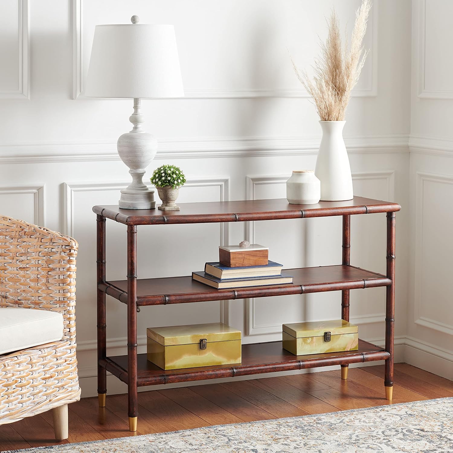 SAFAVIEH Home Collection Tudor Dark Brown/Gold 3-Shelf Console Table (Fully Assembled)