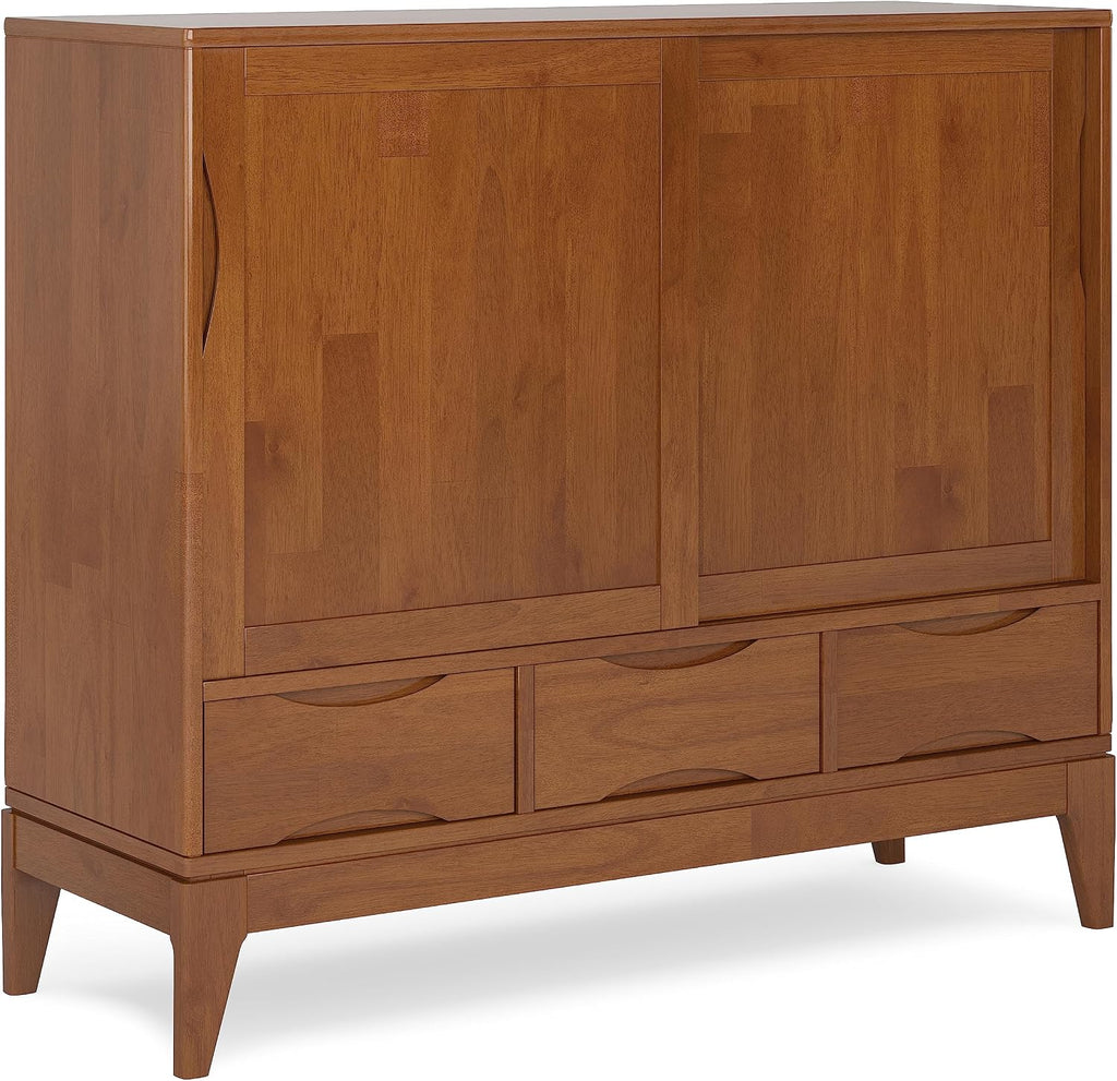 SIMPLIHOME Harper Solid Wood 48 inch Storage Cabinet in Teak Brown (Set of 2) for the Living Room, Entryway and Family Room