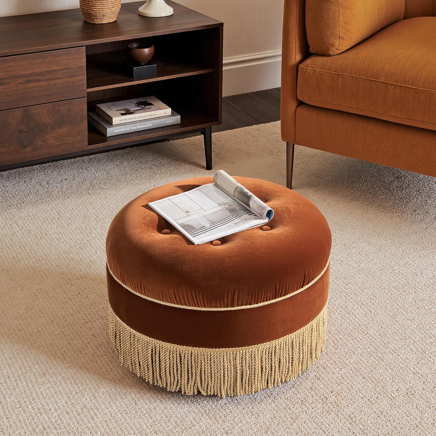 Jennifer Taylor Home Yolanda 24' Round Upholstered Accent Ottoman, Burnt Orange Performance Velvet