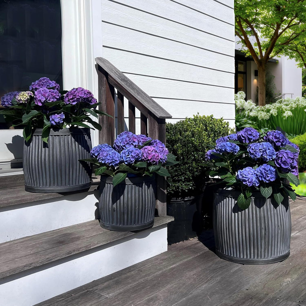 WHW Whole House Worlds French Country Style Belly Bucket Planters, Set of 3, Galvanized Metal, Corrugated Cache Pots, Rustic Wash Basin, from Over 1 Ft Diameter (17-12 Inches)