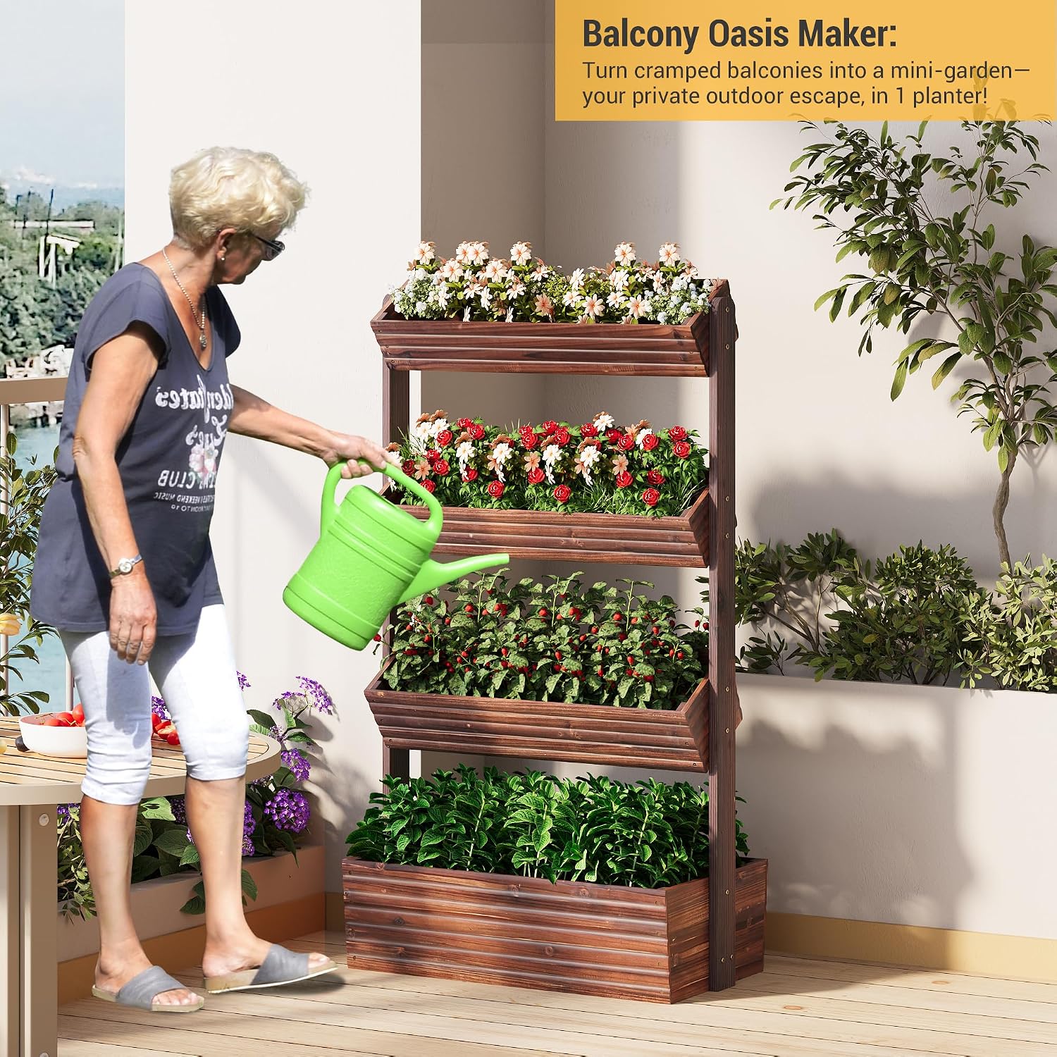 Garden Bed Vertical Wooden Raised Garden Bed Planters Wood Planter Kit Plant Stand Flower Rack Planter Box Gardening Plants Herbs Flowers Vegetables Outdoor Indoor Freestanding (Carbonized 4-Tier)