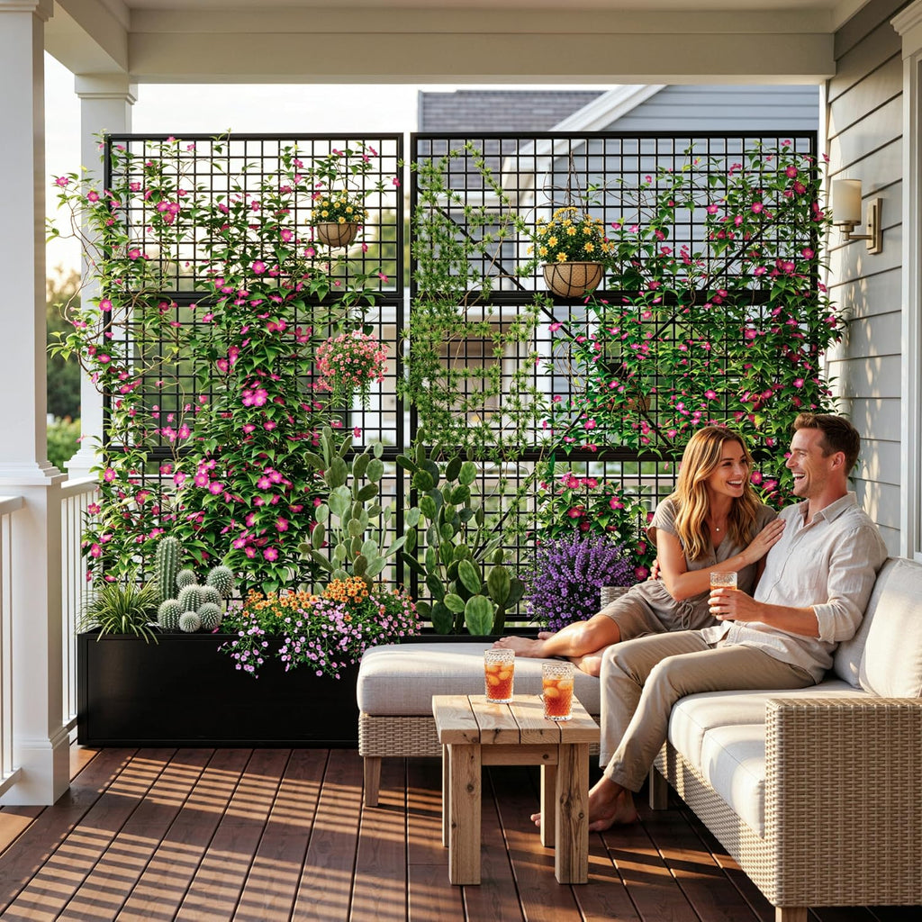 Privacy Planters for Patio – Metal Raised Garden Bed with Trellis and Privacy Screen, 71' x 35' x 16' Planter Box with Drainage Holes for Climbing Plants, Vegetables, and Vines, Outdoor Backyard Black