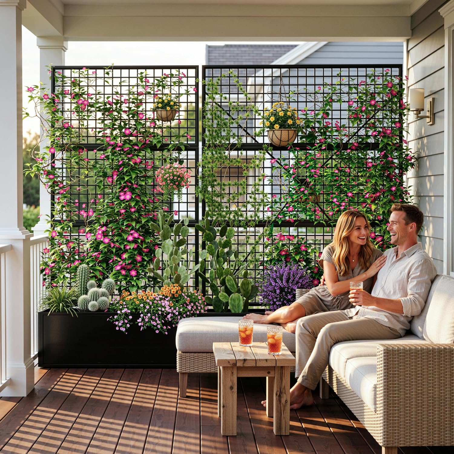 Privacy Planters for Patio – Metal Raised Garden Bed with Trellis and Privacy Screen, 71' x 35' x 16' Planter Box with Drainage Holes for Climbing Plants, Vegetables, and Vines, Outdoor Backyard Black