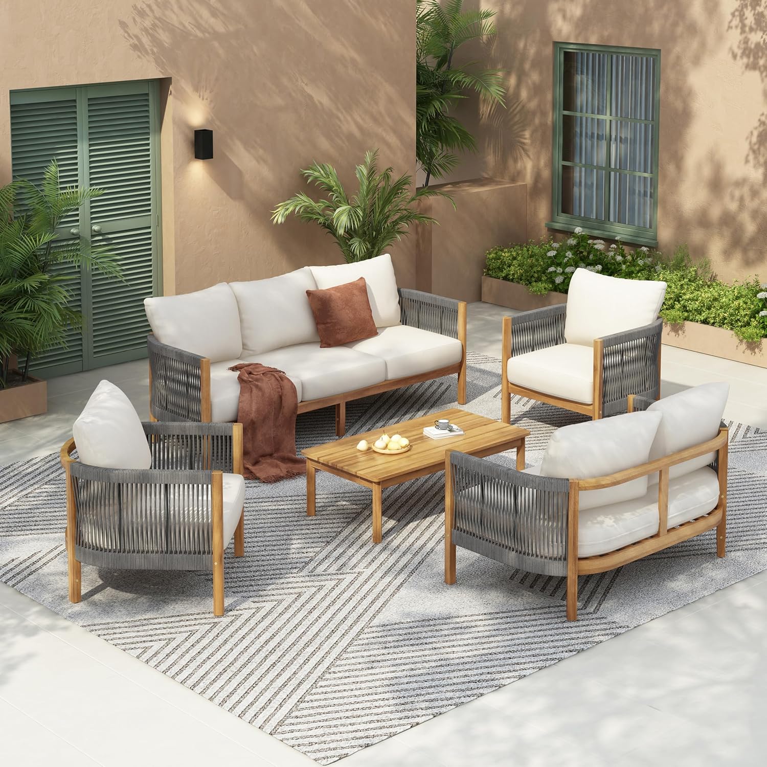 Christopher Knight Home Havets 5 Pieces Outdoor Acacia Furniture Set, Woven Rope Loveseat and Accent Club Chairs, 6' Thick Cushions Sofa and Coffee Table Set for Backyard Garden Balcony, Gray+Beige