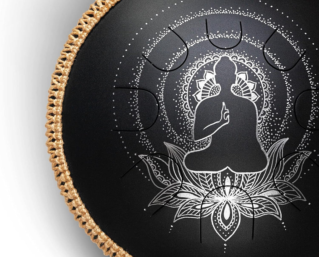 GUDA DRUM Coin Magic Lotus. Double sided drum with Rope Decoration and FREE Mallets. Premium Tongue Drum