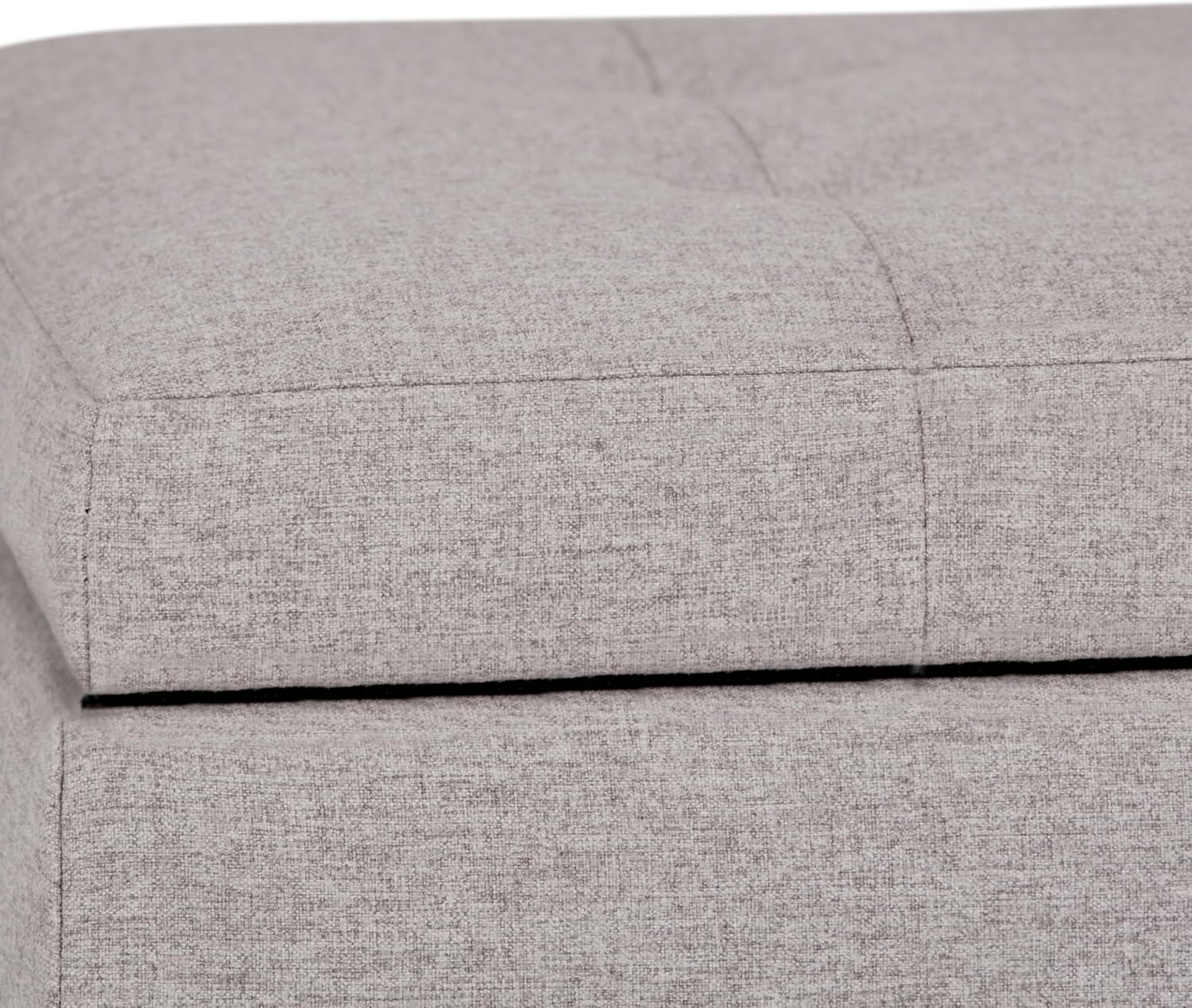 SIMPLIHOME Cosmopolitan Storage Ottoman - 34 inch Wide Upholstered Linen Look Fabric Rectangle Storage Ottoman Bench in Cloud Grey, Transitional Tufted Ottoman for Living Room with Lift-Up Lid