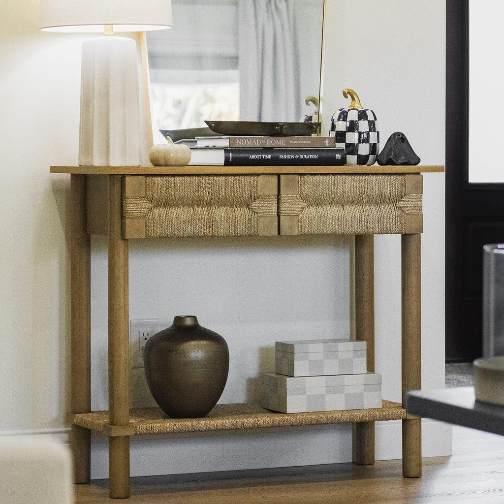 Nathan James Beacon Wooden Sofa Console Table with Drawers, Bohemian Entryway Accent, Hallway Furniture with Seagrass Shelf, Light Brown, Set of 2