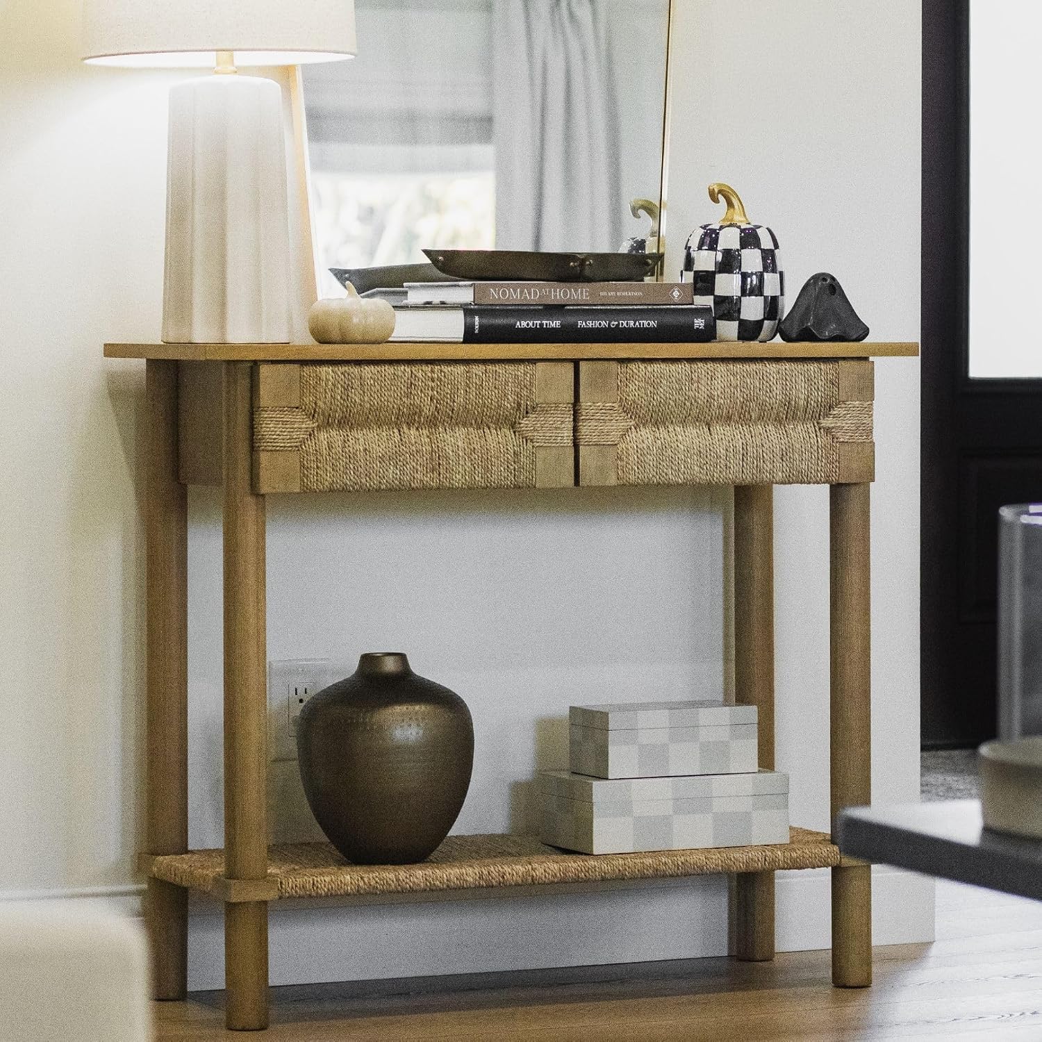 Nathan James Beacon Wooden Sofa Console Table with Drawers, Bohemian Entryway Accent, Hallway Furniture with Seagrass Shelf, Light Brown, Set of 2