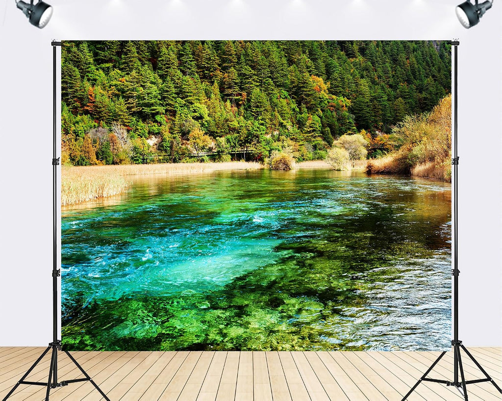 Trykid 20x10ft Turquoise River Backdrop Dense Evergreen Forests Autumn Foliage Clear Water Photography Background Nature Hiking Festival Wedding Party Decoration Photo Booth Prop Fabric
