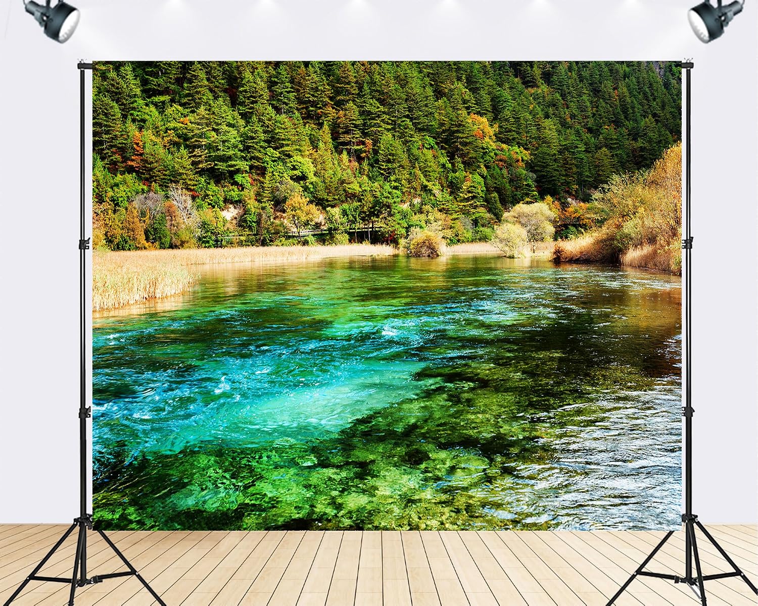 Trykid 20x10ft Turquoise River Backdrop Dense Evergreen Forests Autumn Foliage Clear Water Photography Background Nature Hiking Festival Wedding Party Decoration Photo Booth Prop Fabric