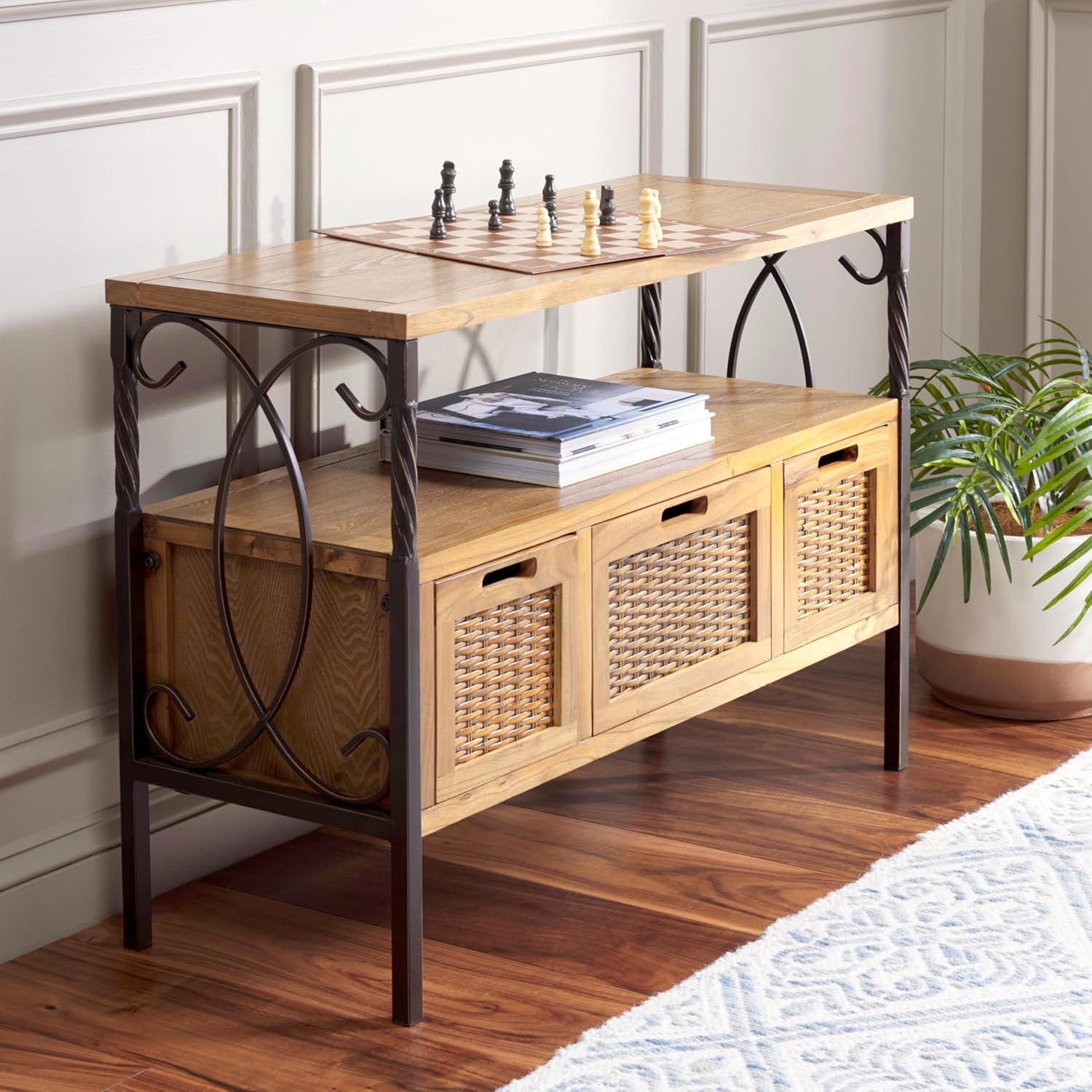 SAFAVIEH Home Collection – Joshua Oak Brown 3-Drawer Console Table with Shelf, Wicker Front Storage Drawers, Farmhouse-Inspired Accent Console for Entryway or Living Room (AMH6532C)