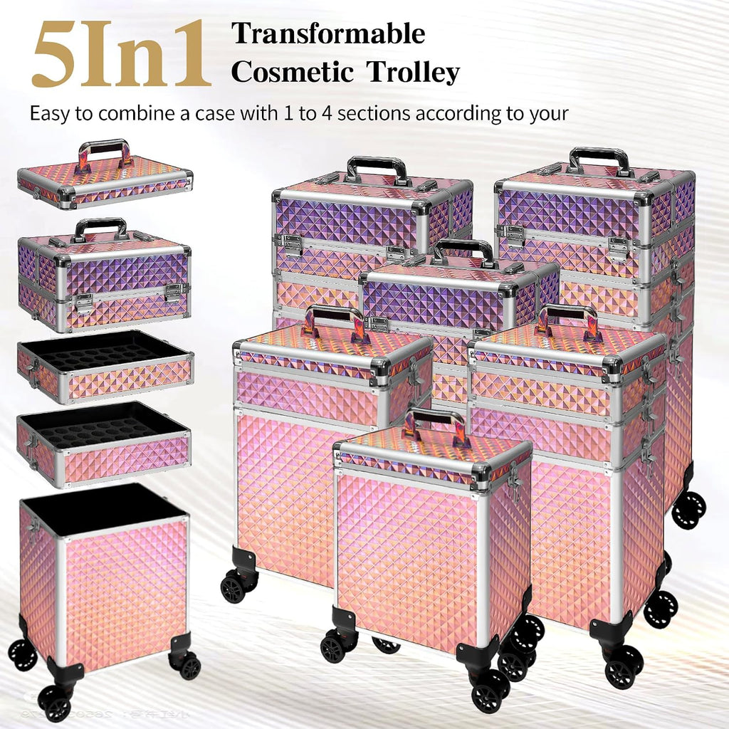 5 in 1 Rolling Makeup Train Case on Wheels Large Cosmetic Organizer Travel Cart for Women Beauty Salon Barber Hairstylist Pink
