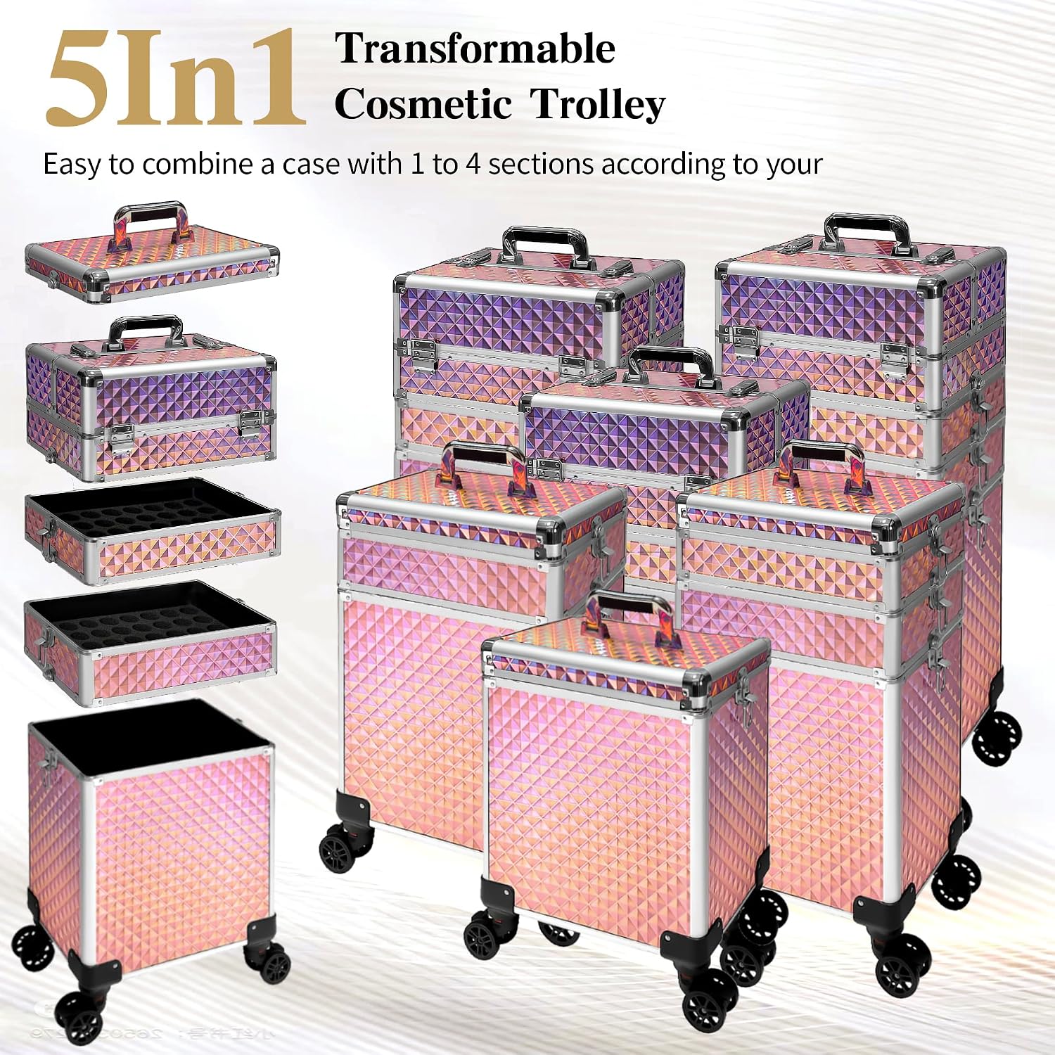 5 in 1 Rolling Makeup Train Case on Wheels Large Cosmetic Organizer Travel Cart for Women Beauty Salon Barber Hairstylist Pink
