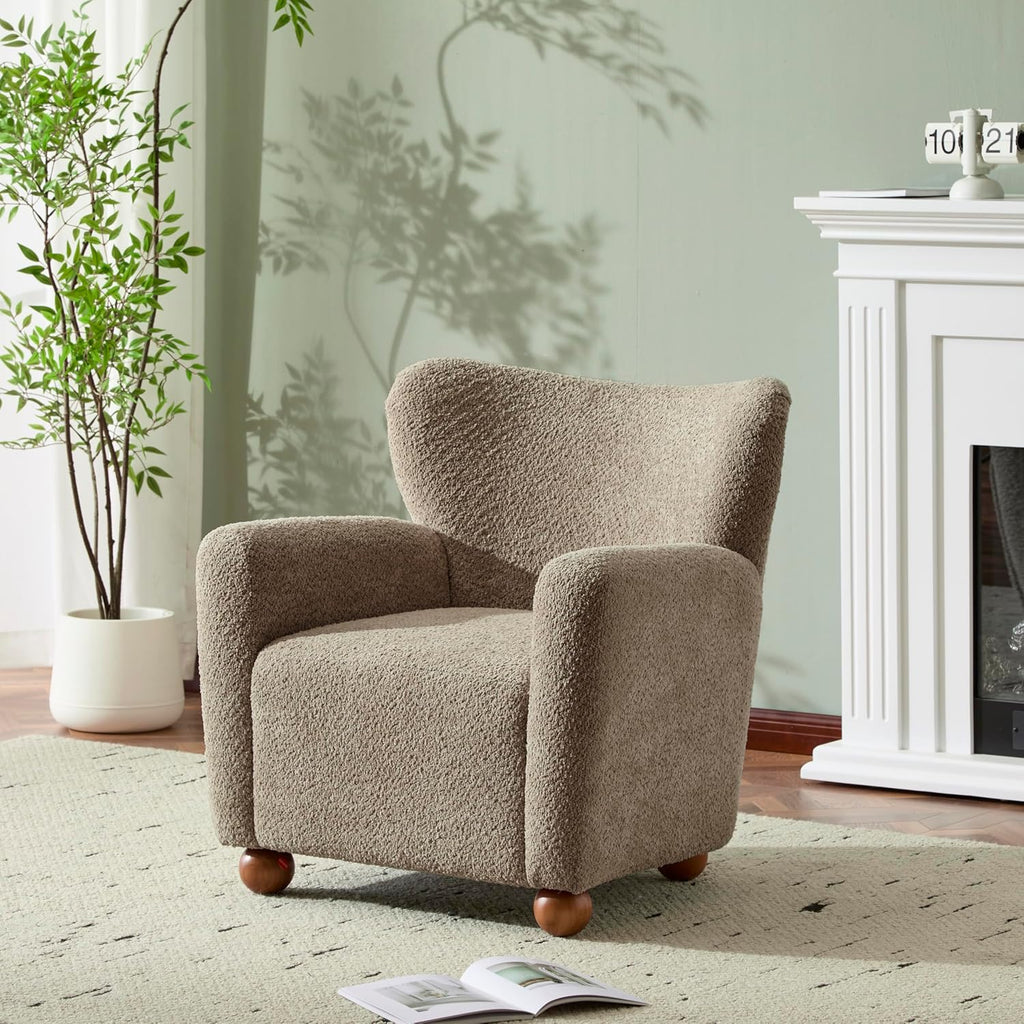 Christopher Knight Home Lindy Wingback Accent Chair, Upholstered Armchair with Rounded Wooden Legs, Curved Backrest Single Sofa, Soft Cushion Seating, Comfy Lounge Chair for Living Room, Light Brown