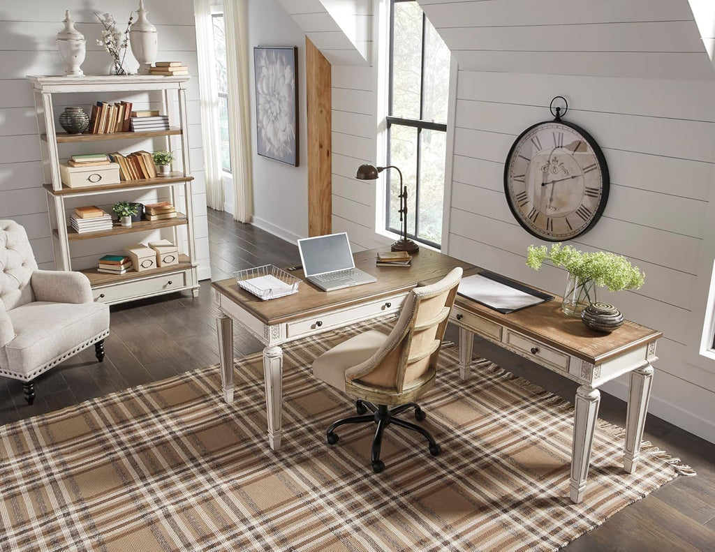 Signature Design by Ashley Realyn Farmhouse Home Office Desk, 2 Drawers, Drop-down Drawer, USB Charging, Wood, 60' W x 28' D x 31' H, Chipped White and Brown