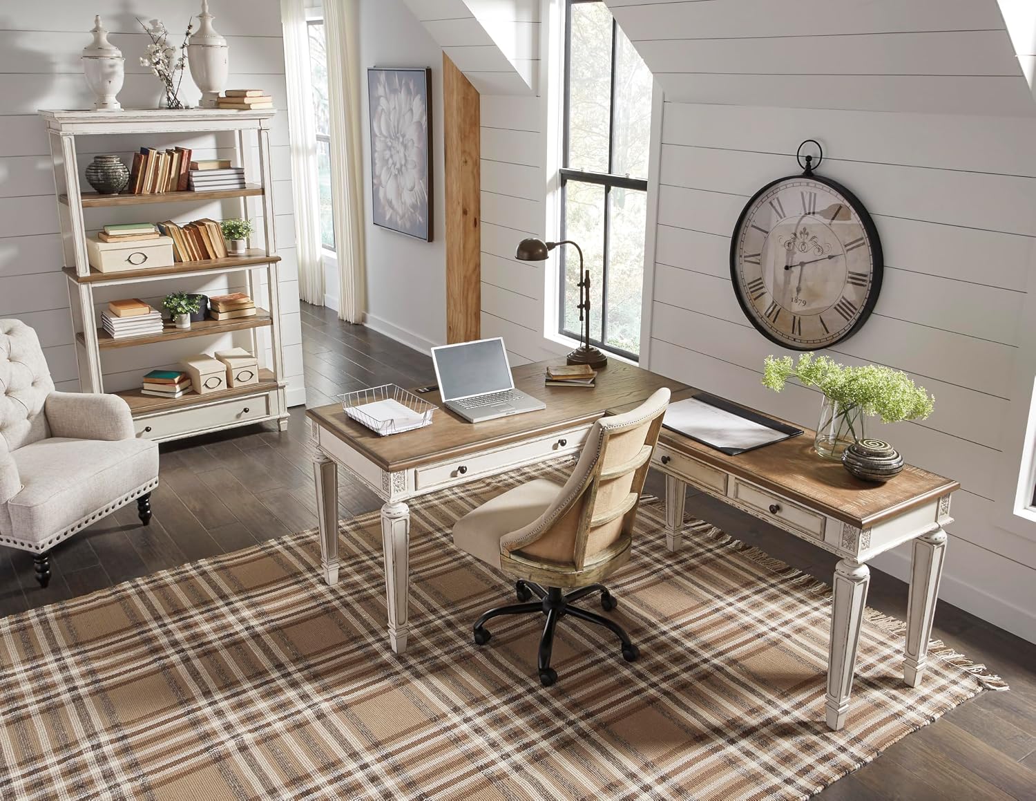 Signature Design by Ashley Realyn Farmhouse Home Office Desk, 2 Drawers, Drop-down Drawer, USB Charging, Wood, 60' W x 28' D x 31' H, Chipped White and Brown