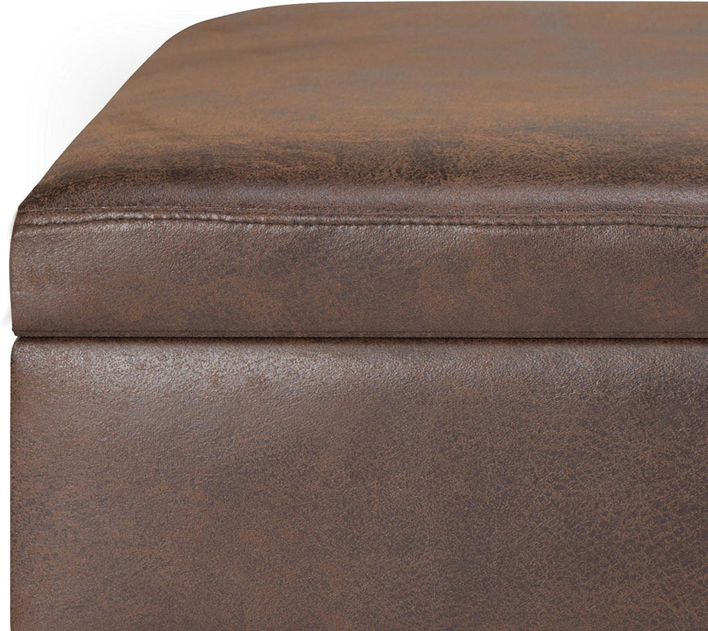 SIMPLIHOME Owen Small Rectangular Storage Ottoman - 36 inch Wide Upholstered Vegan Leather Lift-Top Ottoman in Distressed Chestnut Brown, Mid-Century Modern Ottoman for Living Room with Tufted Detail