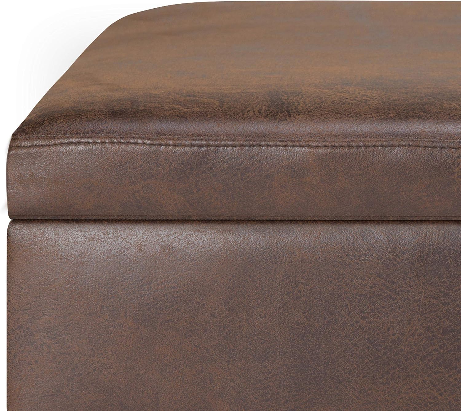 SIMPLIHOME Owen Small Rectangular Storage Ottoman - 36 inch Wide Upholstered Vegan Leather Lift-Top Ottoman in Distressed Chestnut Brown, Mid-Century Modern Ottoman for Living Room with Tufted Detail