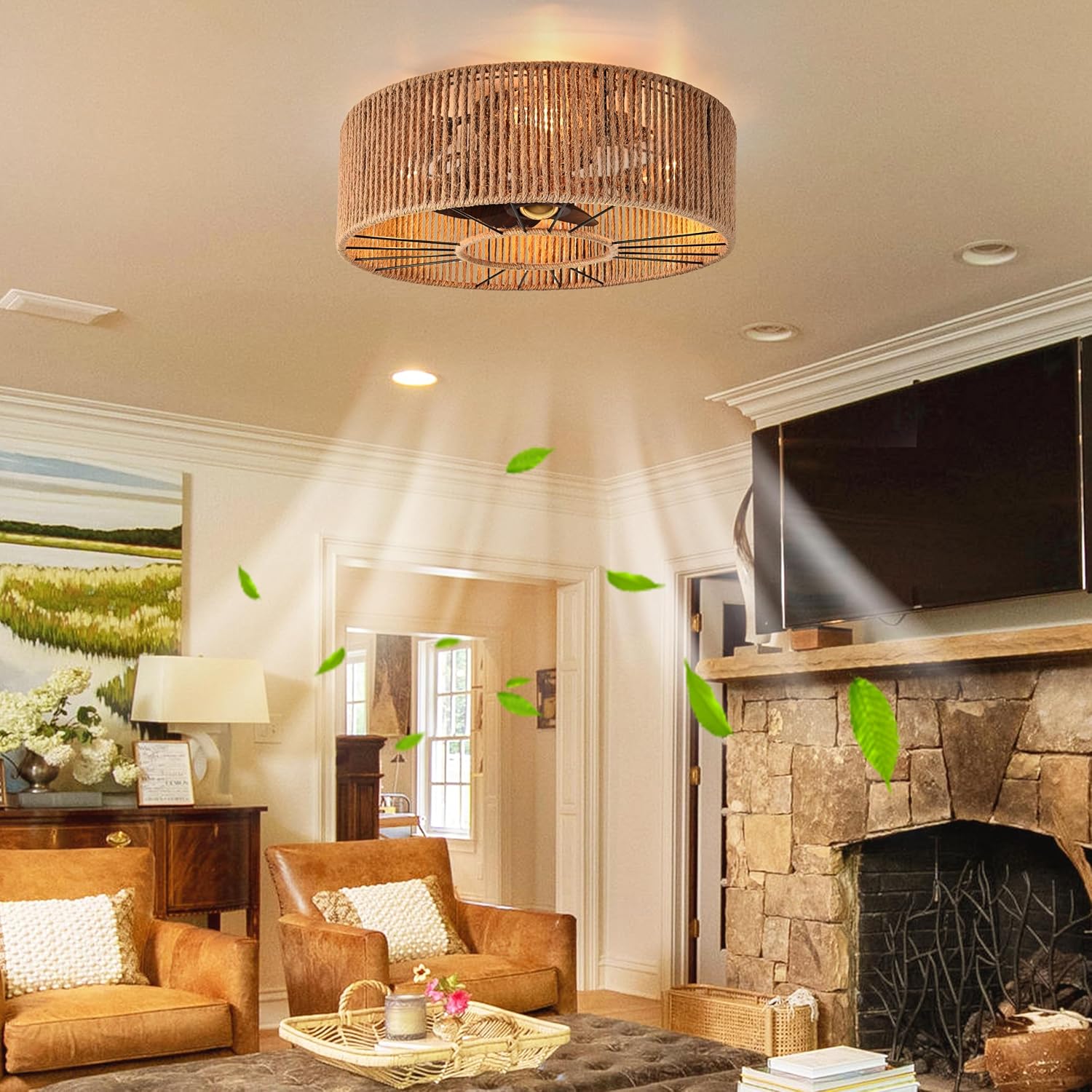 Caged Ceiling Fans with Lights Boho Ceiling Fan Enclosed Ceiling Fans Industrial Low Profile Ceiling Fan with Lights and Remote Hemp Rope Farmhouse Fans with Light for Bedroom Kitchen