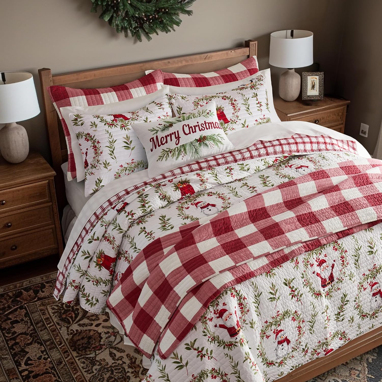 Levtex Home - Pine & Plaid Quilt Set - King Quilt and Two King Shams - Holiday Wreath - Red White Green - Quilt (106x92in.) and Shams (20x36in.) - Reversible - Polyester
