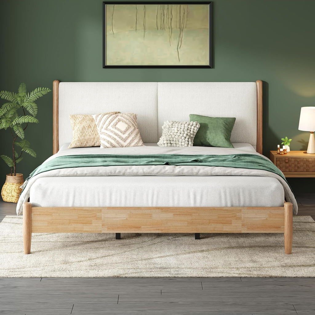 Christopher Knight Home Raven Modern King Size Bed Frame with Upholstered Headboard, Natural Wood King Size Platform Bed Frame and Headboard, No Box Spring Needed, Easy Assembly, White+Natural