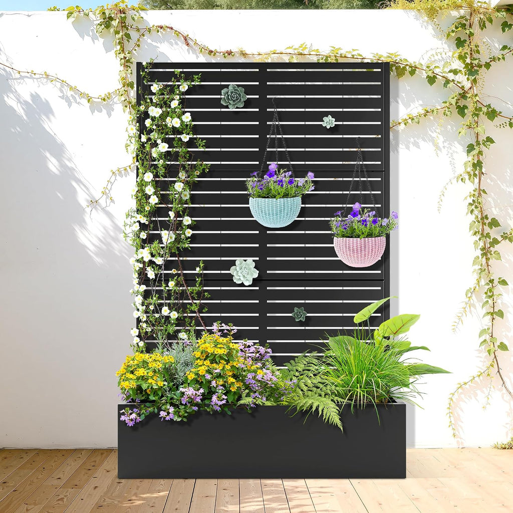 TUYOHW Metal Raised Garden Bed with Trellis, 2 in 1 Trellis with Planter Box & Privacy Screen for Climbing Plants, Vine, Outdoor Standing Flower Beds with Drainage Holes, 47' L x 17' W x 71' H, Black