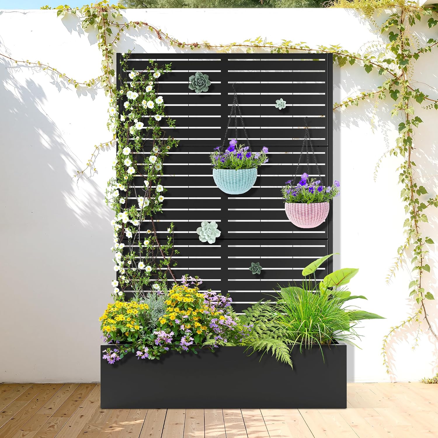TUYOHW Metal Raised Garden Bed with Trellis, 2 in 1 Trellis with Planter Box & Privacy Screen for Climbing Plants, Vine, Outdoor Standing Flower Beds with Drainage Holes, 47' L x 17' W x 71' H, Black