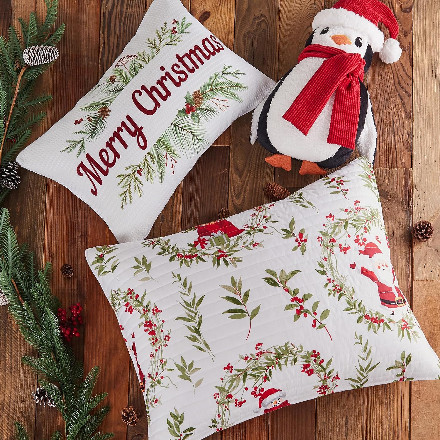Levtex Home - Pine & Plaid Quilt Set - King Quilt and Two King Shams - Holiday Wreath - Red White Green - Quilt (106x92in.) and Shams (20x36in.) - Reversible - Polyester