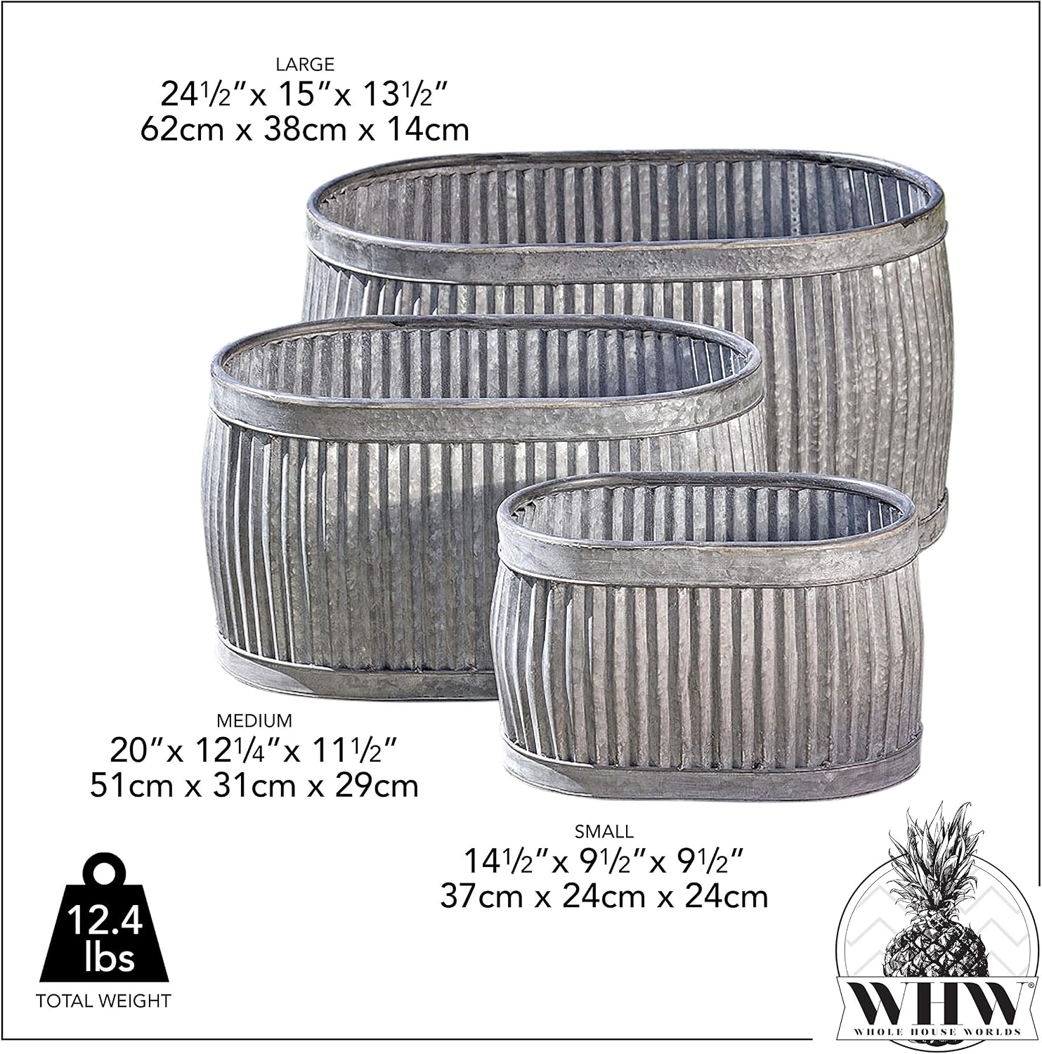WHW Whole House Worlds French Country Style Oval Belly Planters, Set of 3, Galvanized Metal, Chubby, Corrugated Cache Pots, Rustic, Over 2 Ft Long (24 1/2, 20 and 14 1/2 Inches)