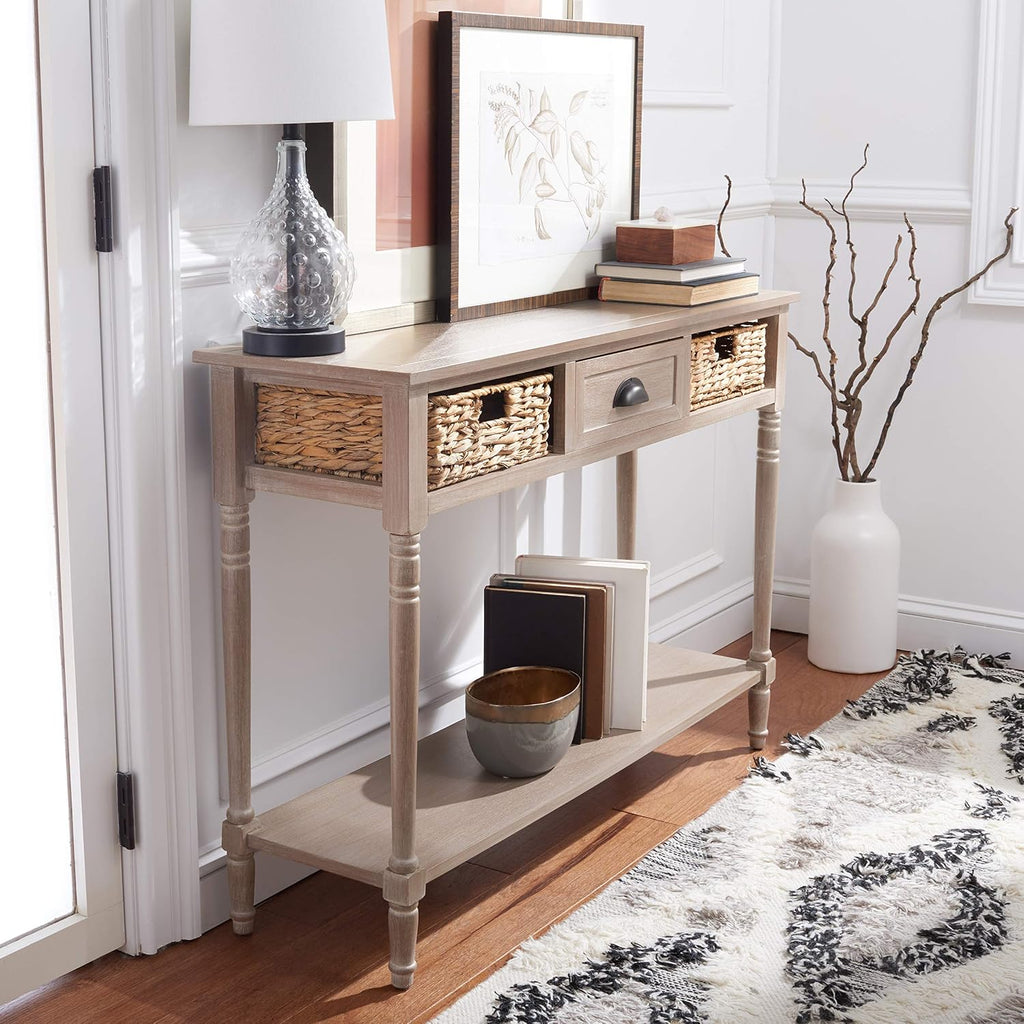 SAFAVIEH Home Collection – Christa White Wash Console Table with Rattan Drawers & Shelf, Coastal Cottage Storage Console, Vintage Design (AMH5737E)