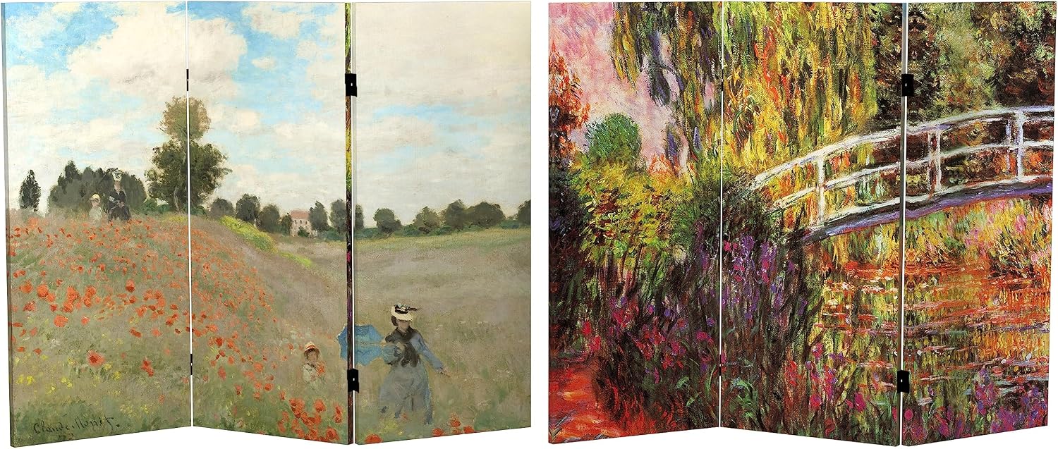 Red Lantern 3 ft. Short Double Sided Works of Monet Canvas Folding Screen 3 Panel Freestanding Partition and Separator for Modern and Contemporary Bedroom, Home Office, Studio, Dorm, Apartment