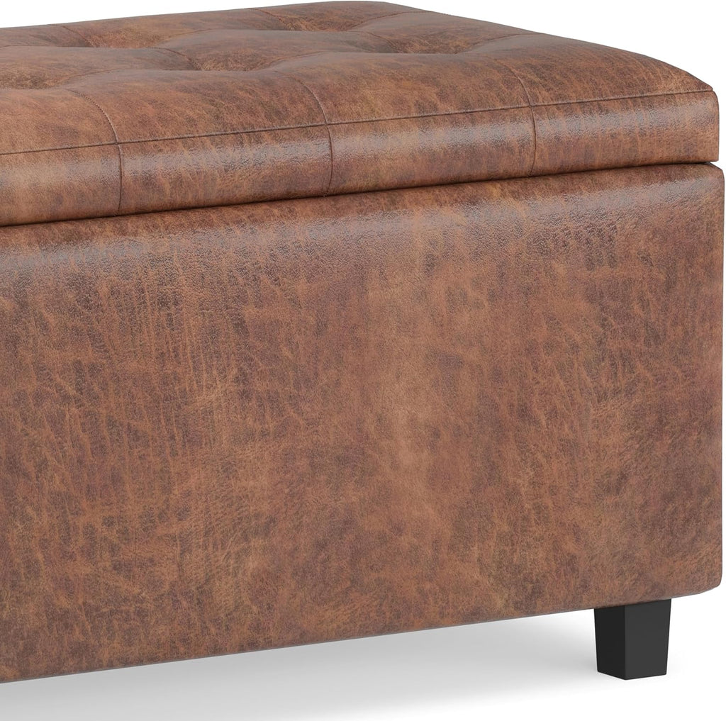 SIMPLIHOME Cosmopolitan Storage Ottoman - 34 inch Wide Upholstered Vegan Leather Rectangle Storage Ottoman Bench in Distressed Saddle Brown, Transitional Tufted Ottoman for Entryway with Lift-Up Lid