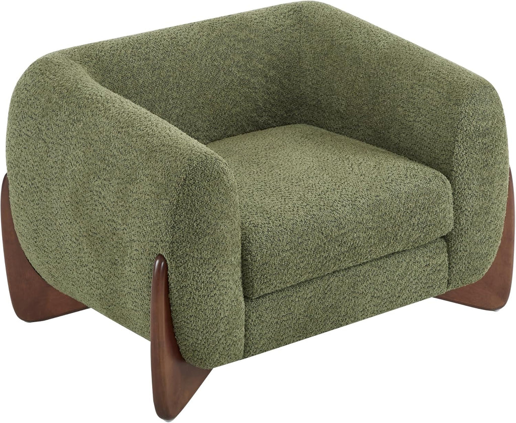 Christopher Knight Home Holly Modern Boucle Fabric Upholstered Club Chair for Living Room, Home Office, Apartment, Relaxing Chair with Removable Cushion and Birch Wood Legs, Olive Green+Walnut