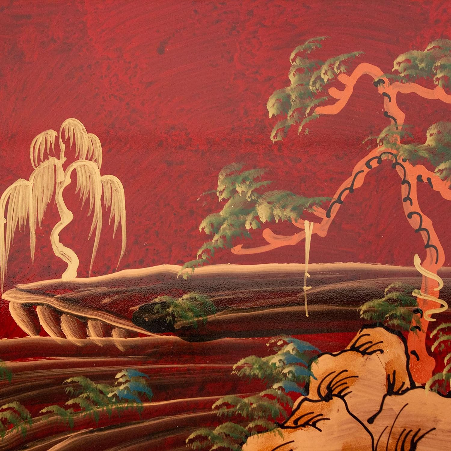 Red Lantern Artisan Crafted Lacquer Storage Cabinet - Red with Hand-Painted Chinese Landscape