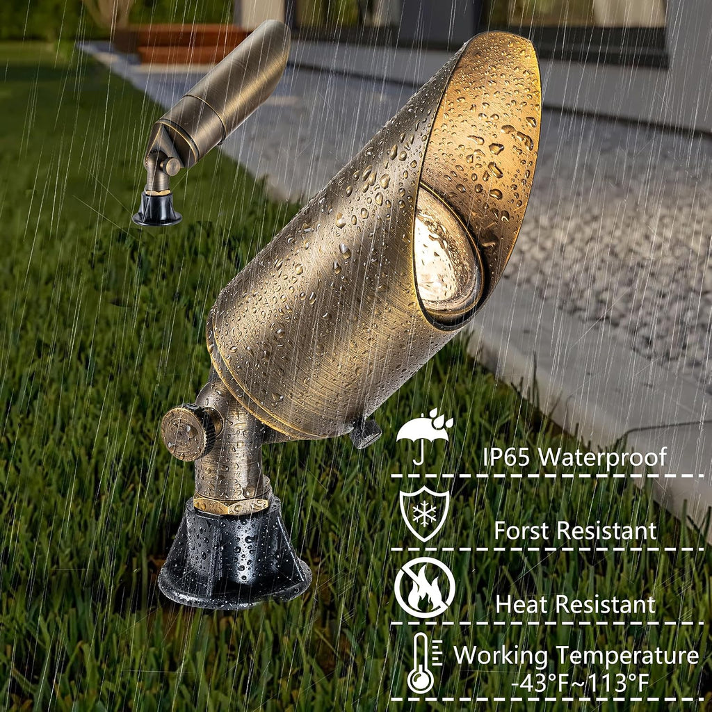 LumStory Brass Low Voltage Landscape Spotlight 12V Bronze Waterproof Shroud Adjustable Outdoor Landscape Lighting, with MR16 LED Bulb 5W 3000K, 4-Pack