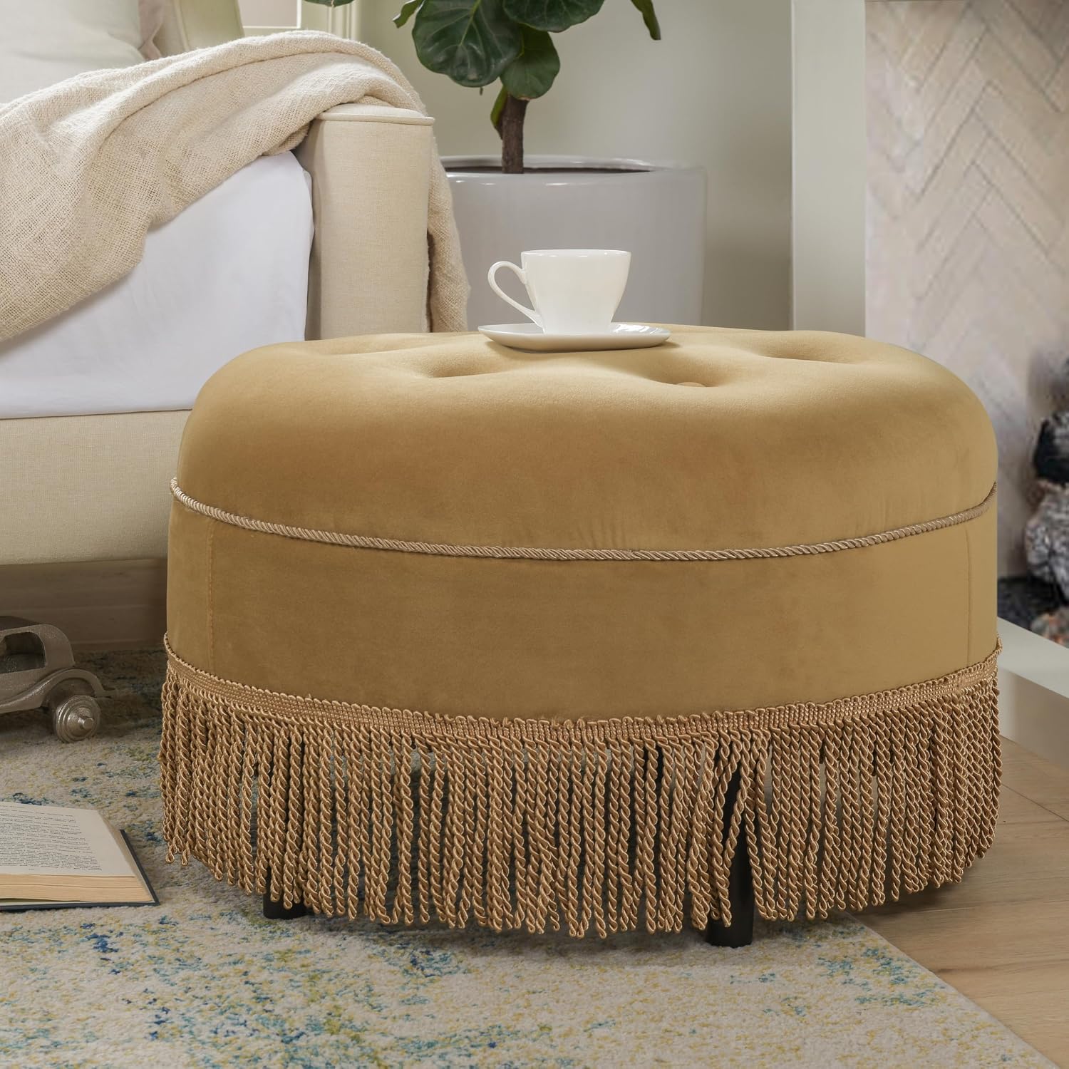 Jennifer Taylor Home Yolanda Upholstered Round Accent Ottoman, Gold Yellow Velvet with Gold Trim