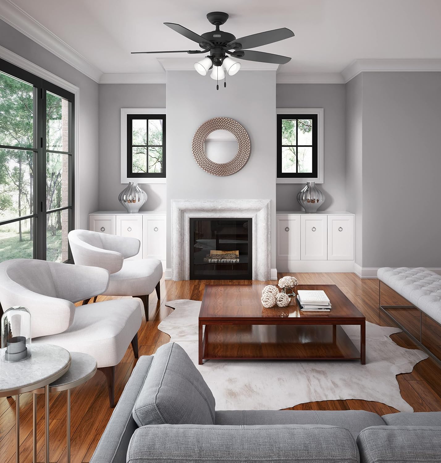 Hunter 52 inch Indoor Ceiling Fan with LED Lights - Black Ceiling Fan with Pull Chain, For Bedroom or Living Room, Standard Mount, No Remote, 5 Blades, Includes Bulbs- Builder Plus 52387, Matte Black