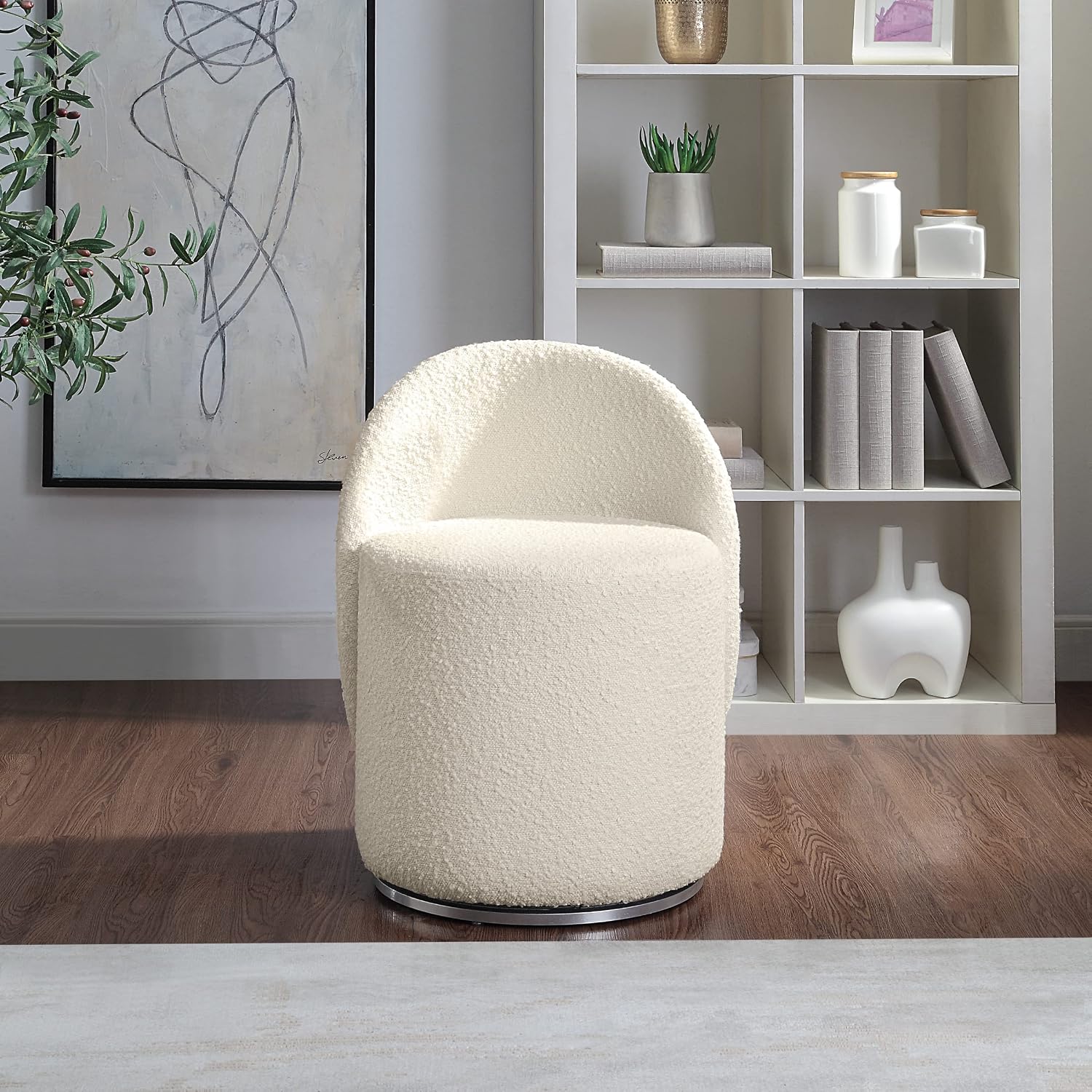 OSP Home Furnishings Lystra Swivel Barrel Vanity Chair with Textured Boucle Fabric, Cream
