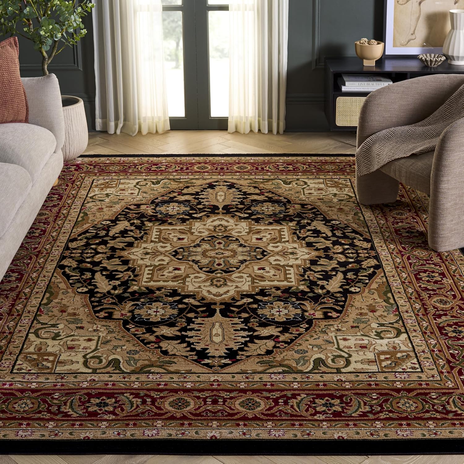 SAFAVIEH Lyndhurst Collection Area Rug - 8' x 10', Black & Red, Traditional Oriental Design, Non-Shedding & Easy Care, Ideal for High Traffic Areas in Living Room, Bedroom (LNH330Y)