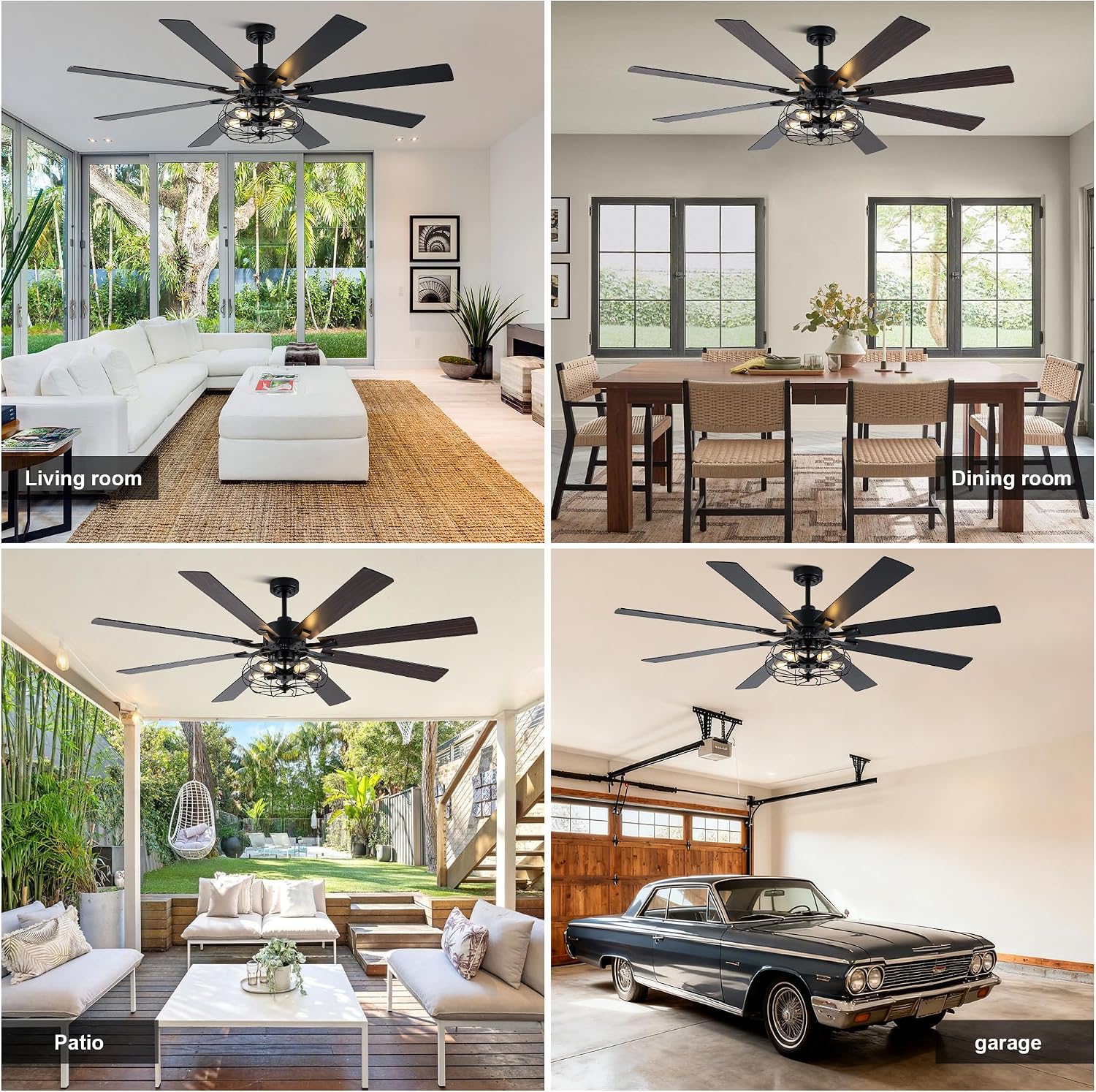 72 Inch Farmhouse Ceiling Fan with Lights and Remote Industrial Caged Ceiling Fan Large Rustic Fandelier Chandelier Light for Indoor Outdoor, 5 E26 Bulbs (Not Included), Reversible 6 Speeds