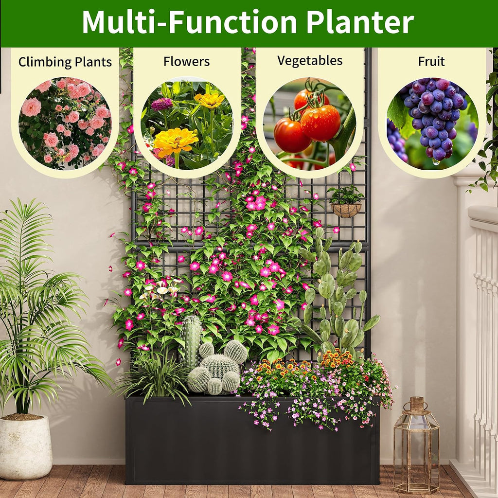 Privacy Planters for Patio – Metal Raised Garden Bed with Trellis and Privacy Screen, 71' x 35' x 16' Planter Box with Drainage Holes for Climbing Plants, Vegetables, and Vines, Outdoor Backyard Black