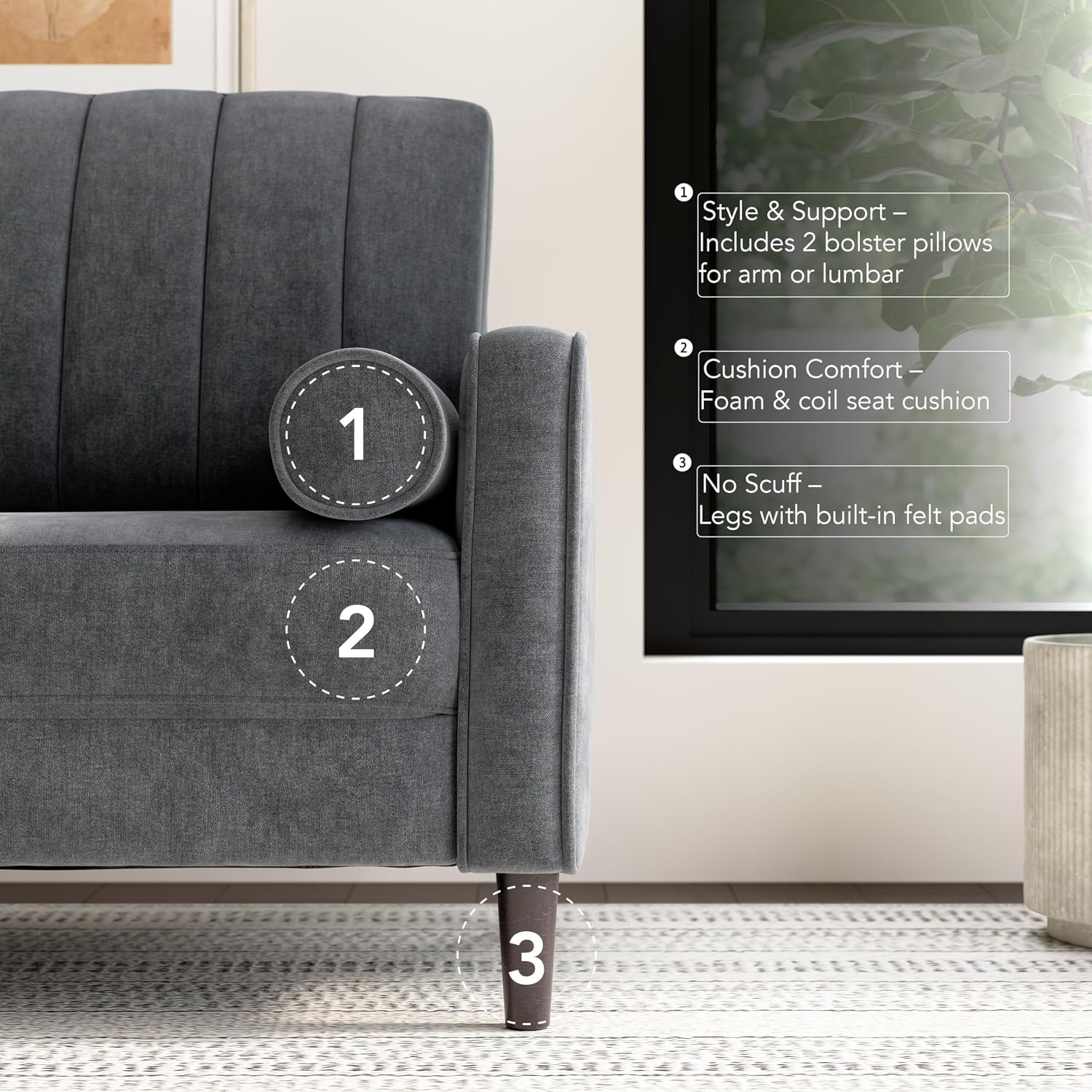Bush Home 77-inch Sofa, Living Room Furniture, Max Collection, Iron Gray Chenille Fabric