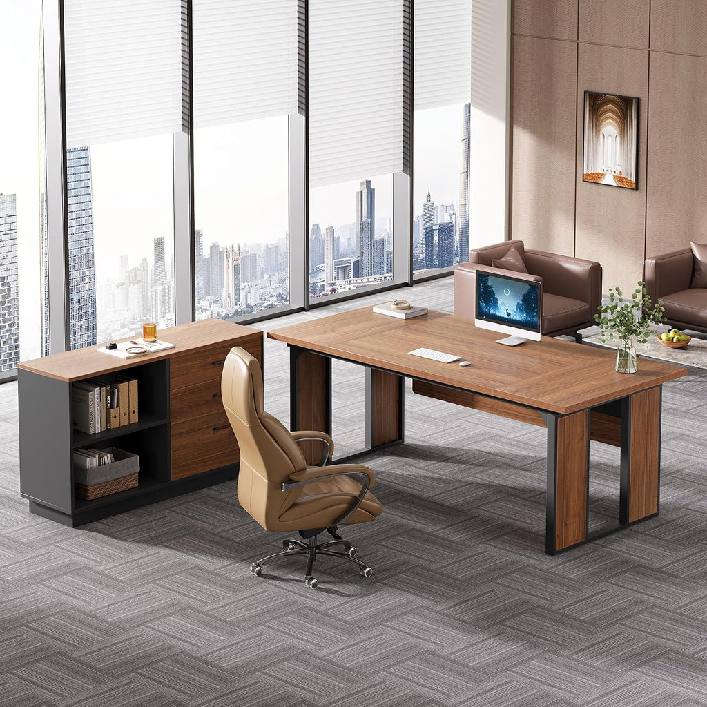 Tribesigns 63'' L-Shaped Executive Desk, Office Table with 39.37-Inch Drawers Cabinet, Large Computer Desk with Storage Shelves, Business Furniture Set for Home Office, Brown & Black