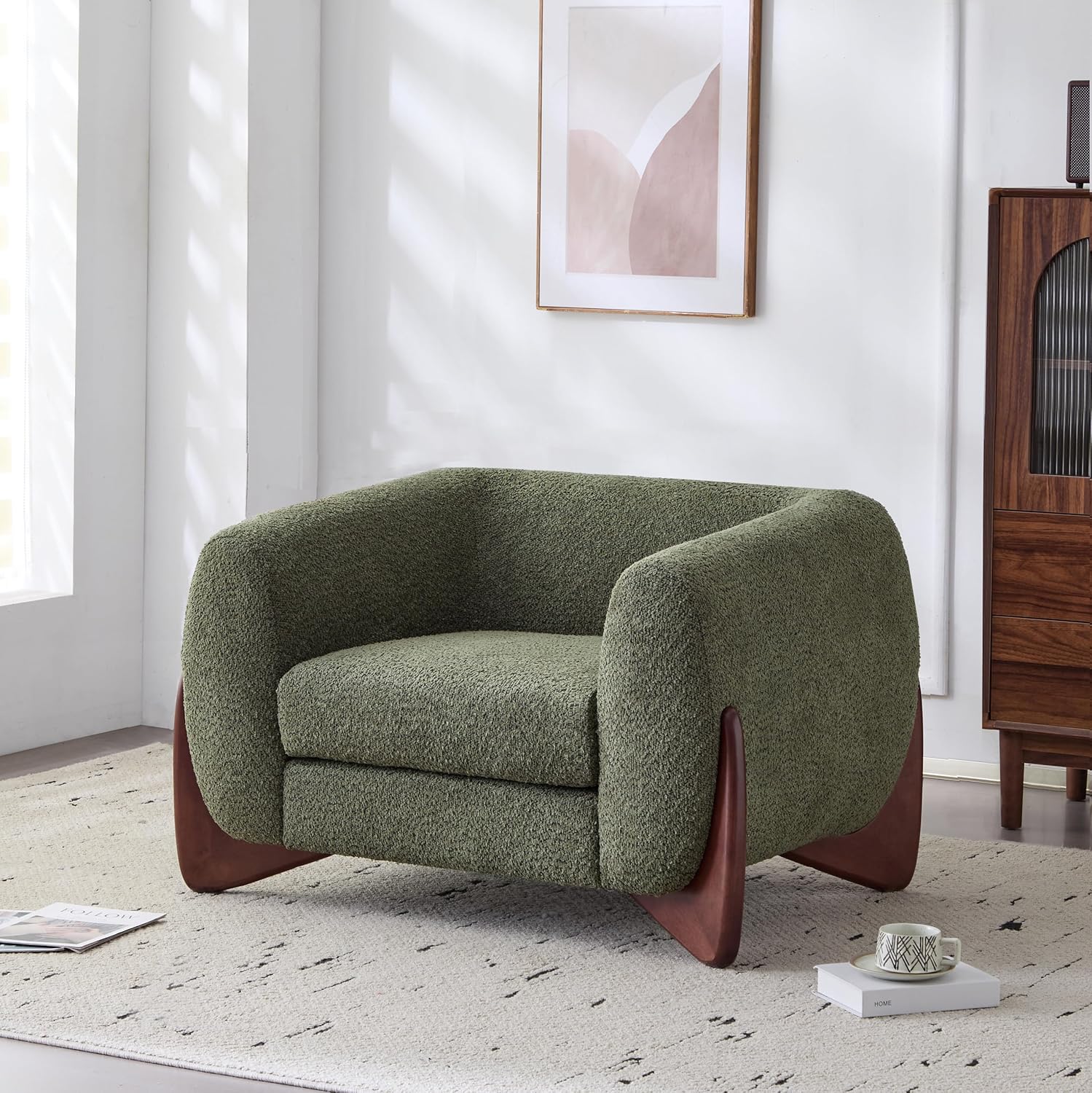 Christopher Knight Home Holly Modern Boucle Fabric Upholstered Club Chair for Living Room, Home Office, Apartment, Relaxing Chair with Removable Cushion and Birch Wood Legs, Olive Green+Walnut