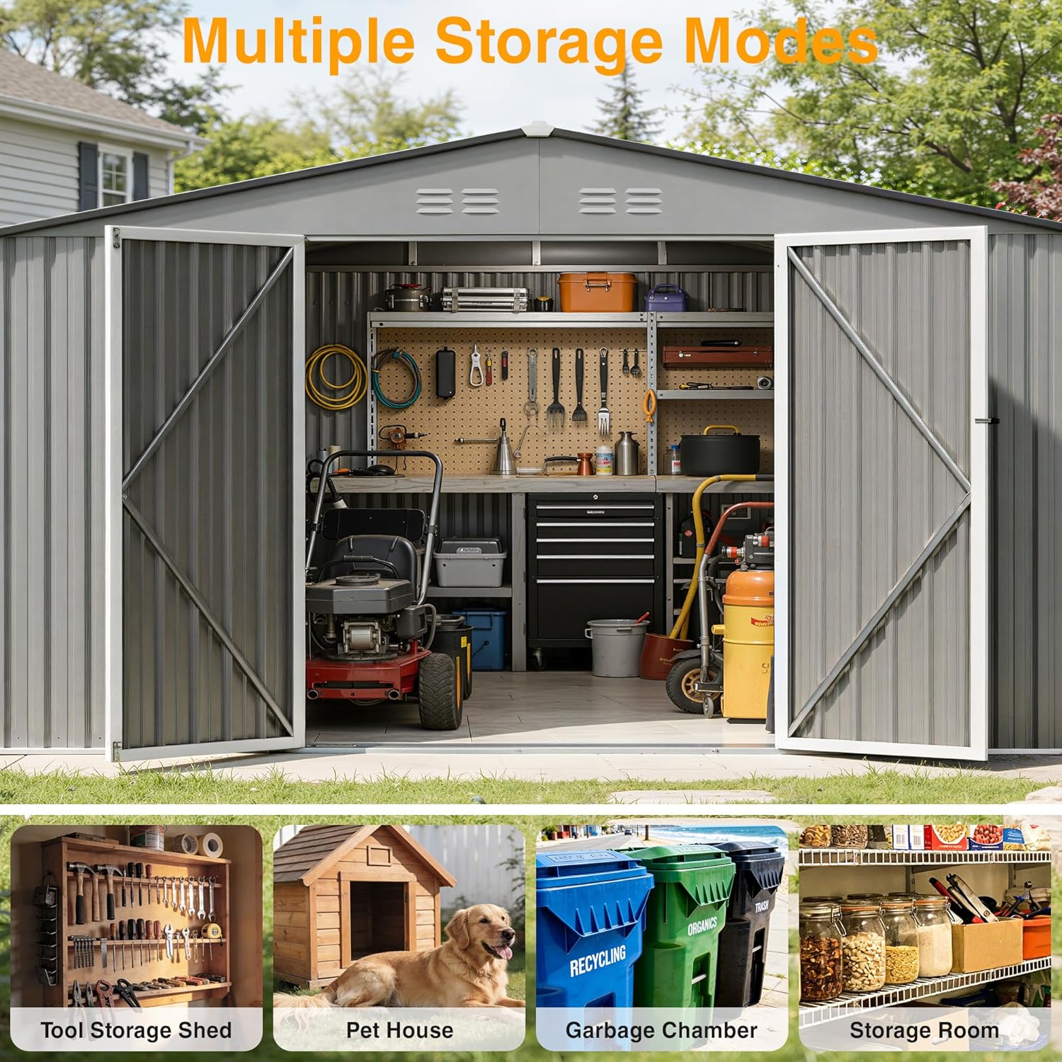 12 x 10FT Grey Outdoor Storage Shed, Metal Waterproof Shed Garden Tool Shed with Door and Lock Outdoor Storage,All-Weather Shelter for Bike, Gardening Tools, Lawn Mowers