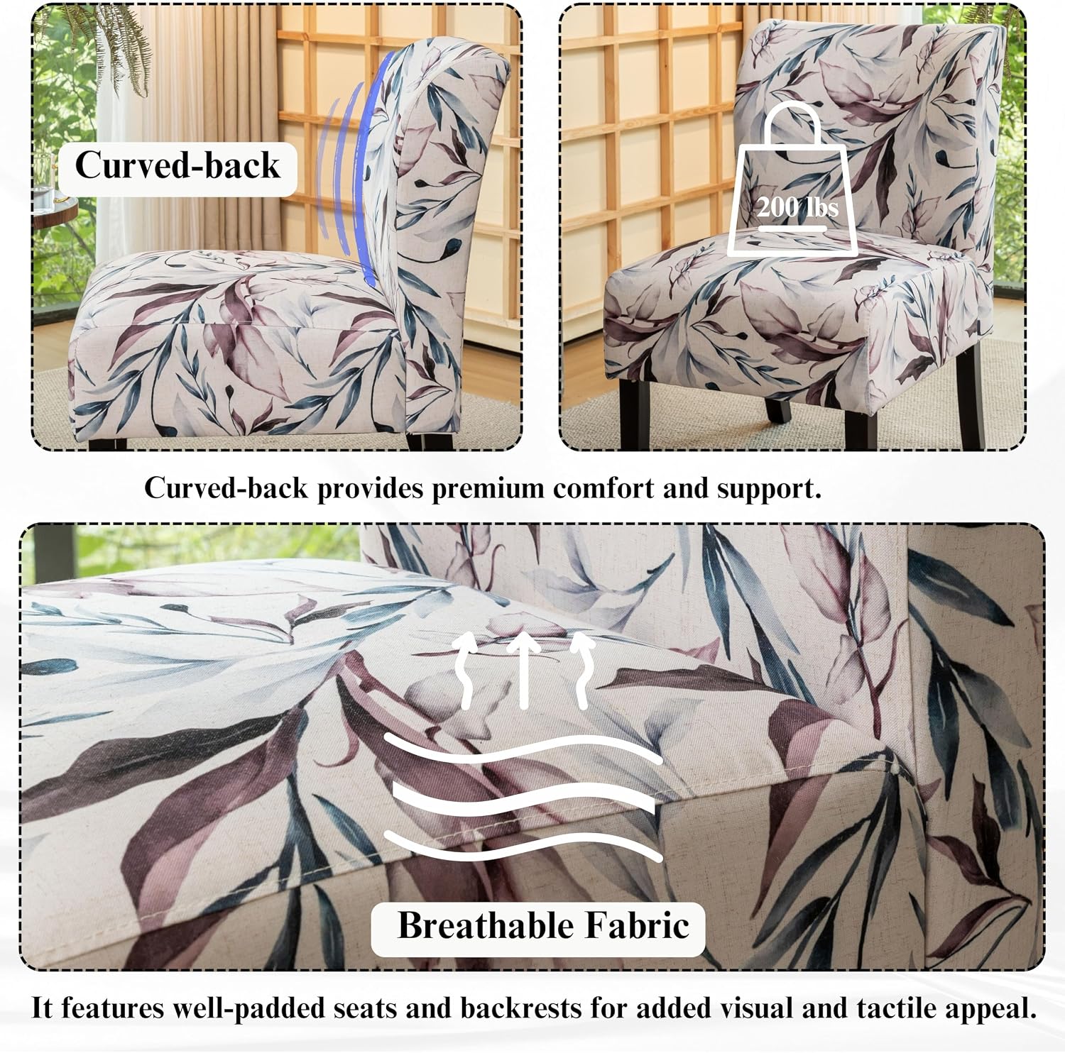 Roundhill Furniture Capa Print Fabric Armless Contemporary Accent Chair, Purple Floral